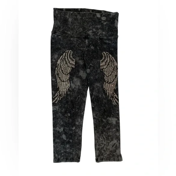 PARIS ANGEL Leggings Rhinestone Angel Wings Black Mineral Wash Medium EUC - Picture 5 of 15